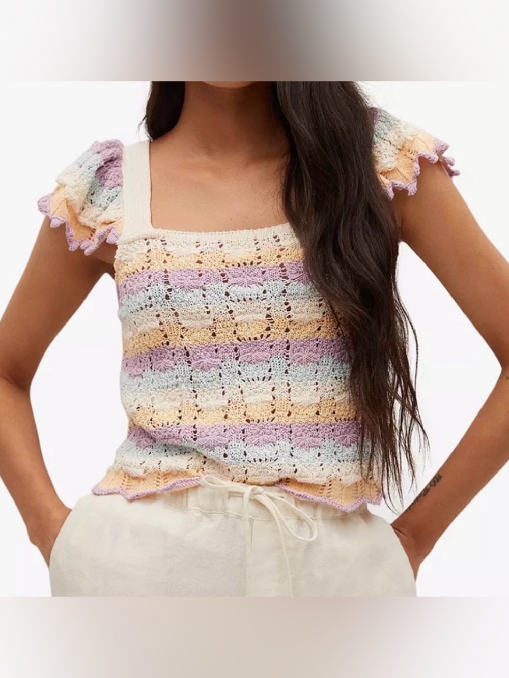 Mango MNG Crochet Cropped Flutter Sleeve Shirt Top-S-Boho-Festival